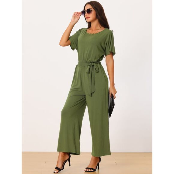 Belted High Waist Wide Leg Casual Dressy Jumpsuits Army Green - Picture 2 of 6